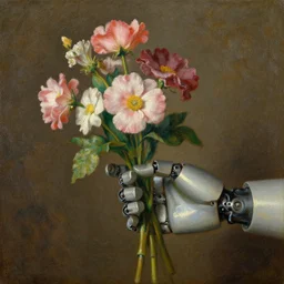 robot hand holding flowers, oil painting, 1 5 th century