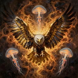 symmetrical eagle wings in cooper and golden and jellyfish. by ( rembrandt painting ( 1 0 0 ) ( fractal flame ) ), highly detailded