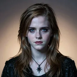 portrait of Emma Watson, by Zdzislaw Beksinski, gothic, amazing details, volumetric lighting, 8k, cold hue's, warm tone gradient background