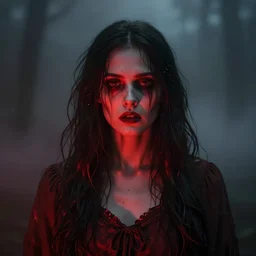 photograph of a creepy woman by dan hillier, scary, red lights, 1 9 1 6, fog, atmospheric