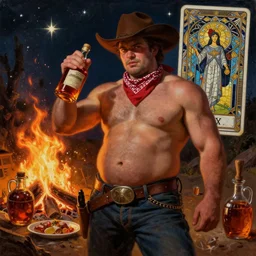 a dramatic, epic, ethereal painting of a handsome thicc mischievous shirtless cowboy with a beer belly wearing a large belt and bandana holding a whiskey bottle | background is a late night campfire with food and jugs of whisky | homoerotic | flames, stars, tarot card, art deco, art nouveau, mosaic, intricate | by Mark Maggiori | trending on artstation