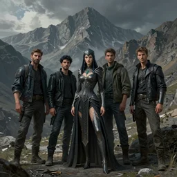 of Willow team in Armenia hiking at a weekend and posing with mountains on the background, dark fantasy, medium shot, intricate, ornate, elegant, highly detailed, digital painting, volumetric light, artstation, concept art, smooth, sharp focus, illustration