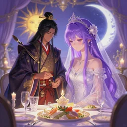 a cinematic portrait of wedding photograph jpeg close up moment of a divine a japan sun god and moon goddess lovers magician at a wedding banquet. portraiture. digital painting. artstation. concept art. wedding photo. digital painting, 8 k realistic, hyper detailed, violet evergarden art masterpiece by art by krenz cushart