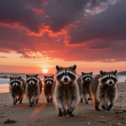 Smiling racoons on the beach, going forward to the sunset, at sunset, red sky