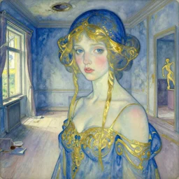 close up of a girl in a blue and gold haunted liminal abandoned room, watercolor by schiele, by hammershøi, art noveau, highly detailed, lights by edward hopper, liminal, eerie, bright pastel colors