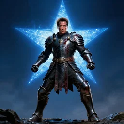 movie still frame, wide angle view, schwarzenegger as heroic fantasy armored knight with black armor covered in blood in epic pose, a blue shining star in the background, beautiful composition, 8 k, cgi, by ridley scott, zack snyder and michael bay