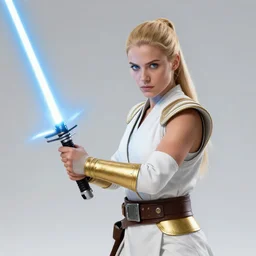 blonde female Jedi wearing white and gold in a lightsaber duel with a red-haired female sith wearing black and red
