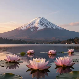 professional photo of a snow topped volcano lit by the sunset, lotus flowers on the water, artstation, smooth light