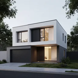 A beautiful realistic architectural rendering of a modern minimalistic house with two floors and a small garage beside it with a mysterious glow emitting from inside by octane render and corona render
