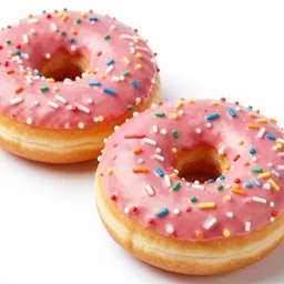 stock photo two donuts with pink icing and colorful sprinkles on a white background, close up, studio lighting, detailed, photography, 82 mm sigma art
