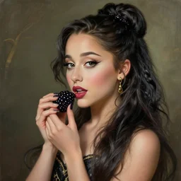 beautiful cottagecore Ariana Grande holding a Black Fruit, Black Hair, intricate, elegant, highly detailed, digital painting, artstation, concept art, smooth, sharp, focus, illustration, art by artgerm and greg rutkowski and alphonse mucha