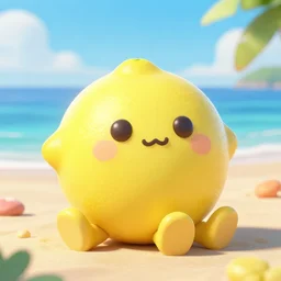 a supercute cartoonnetwork lemon character, that is cute and good looking, it's is relaxing on a beach, by dalle - 2, octane render, 3 d, volumetric lightening,