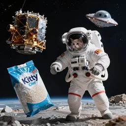 Next to the James Webb Telescope in outer space, an action sequence of an astronaut ((cream colored Maine Coon kitten)) space walk, an unopened bag of kitty litter floats nearby, in the background friendly cute cute cute alien spacecraft, highly realistic, 4K, 8K, road trip
