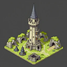 Isometric view of a wizard tower next to a few mines and a few caves, lineart, colored