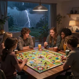 boardgame party, thunderstorm outside, cozy, by herbert james harper, volumetric lighting, concept art, 4 k, highly detailed