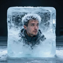 a man with his head frozen inside a giant ice cube
