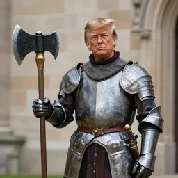 a photo of donald trump dressed as a medieval knight. he's holding a giant axe. medium shot portrait. dslr photography