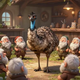 a single emu surrounded by halflings in awe in a tavern, fantasy rpg book illustration