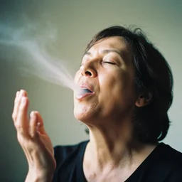 analog photographic portrait with 5 0 mm lens and f / 1 2. 0 of a 6 0 years old woman woman with her eyes closed and spurting from her mouth a white viscous fluid floating in the air. with a slight variation of light in the liquid and gesture.