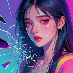 young woman, gorgeous face, vaporwave aesthetic, synthwave, colorful, psychedelic, broken, shattered, beaten, sadness, crying, tears, artstation, concept art, smooth, extremely sharp detail, finely tuned detail, 8 k, ultra sharp focus, illustration, art by artgerm and greg rutkowski and alphonse mucha