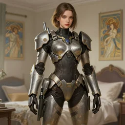 woman model, combat mech clothes, teen bedroom, intricate clothes, elegant, highly detailed, digital painting, artstation, concept art, smooth, sharp focus, illustration, art by krenz cushart and artem demura and alphonse mucha