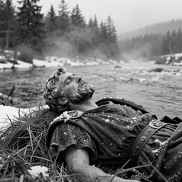 1 9 6 0 s movie still close up of marcus aurelius frozen to death by the side of a river in emperor clothes, grass, snowy, pine forests, cinestill 8 0 0 t 3 5 mm b & w, high quality, heavy grain, high detail, texture, dramatic light, anamorphic, hyperrealistic, detailed hair, foggy
