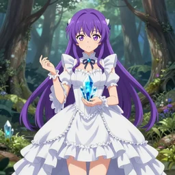 full body cute bombshell anime waifu woman with purple hair, victorian white ruffly dress. [ holding divine ocean crystal ]. isekai enchanted forest, symmetrical face. symmetrical detailed defined eyes. beautiful lineart. pixiv rankings