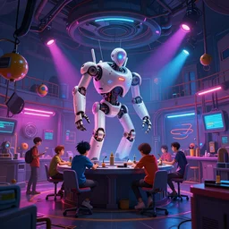 interior shot, ready player one, teenager hangout spot, scifi robot repair workshop, robot skeleton, neon lights, james gurney, katsuhiro otomo, james paick, cinematic lighting, artstation, vibrant nature, anime style, craig mullins, greg rutkowski, pete morbacher, tuomas korpi, tekkon kinreet, volumetric light, artstation, octane render, redshift render, low angle camera