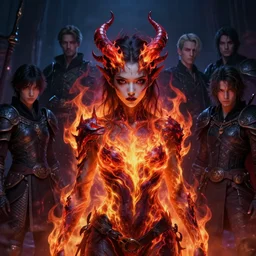 a fancy portrait of a young Demon girl covered in deep and colourful flames by Greg Rutkowski, Sung Choi, Mitchell Mohrhauser, Maciej Kuciara, Johnson Ting, Maxim Verehin, Peter Konig, Bloodborne , 8k photorealistic, cinematic lighting, HD, high details, atmospheric , trending on artstation