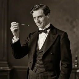 ultra realistic sepia portrait of a 1 9 2 0 s era male magician, wry smile, tall, thin, well dressed, slicked - back hair, long - tailed tuxedo coat, black bow tie, flourish, atmospheric lighting, dark, atmospheric, brooding, painted, intricate, ultra detailed by dave dorman, alan moore, well composed, best on artstation, cgsociety, epic, stunning, gorgeous, intricate detail, wow, masterpiece