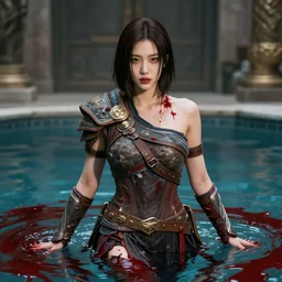 lee jin - eun with gold wolf - cut hair in high - end damaged battle suit emerging from pool of blood in god of war 4 game set in ancient rome by peter andrew jones and conrad roset, rule of thirds, seductive look, beautiful