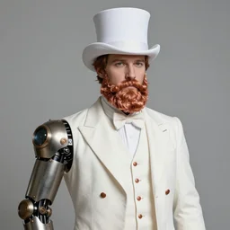 a upper body portrait of a man, a copper beard, wearing a white top hat and white suit with copper buttons, the left arm a steampunk prosthetic