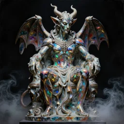 a neoclassicist sci - fi portrait of a colorful chrome marble sculpture the demon seated by vrubel. iridescent textures. glowing fog, black background. highly detailed fantasy science fiction painting by moebius, norman rockwell, frank frazetta, and syd mead. rich colors, high contrast, gloomy atmosphere, dark background. artstation