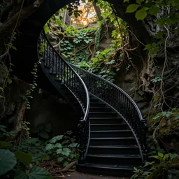 black staircase, ( ( ( ( ( ( ( ( ( an overgrown forest, vine - covered cave entrance in shadow ) ) ) ) ) ) ) ) ), dusk, warm light dappled through the leaves, wadim kashin, in peter elson color scheme, featured in artstation, octane render, cinematic, elegant, intricate, 8 k