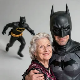 high quality selfie photo of grandma being chased by batman