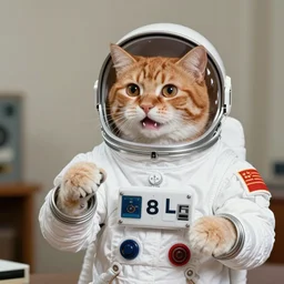 1 9 8 0's photo of ginger cat in spacesuit giving public speech