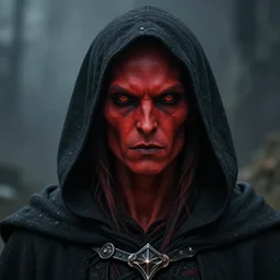 masterpiece closeup portrait of a hooded tiefling with red skin in a black cloak by Greg Rutkowski, 4k, masterpiece, cinematic, dungeons and dragons, detailed