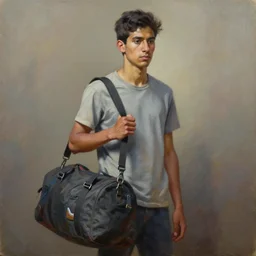 palette knife oil painting portrait of juan delamar, a lean, dark haired young man of below average height, carrying a duffel bag with swin gear. calm, quiet, keeps to himself, extreme detail, artstation trending, artgerm, any racial background, deviant art, octane, substance, art history 8 k