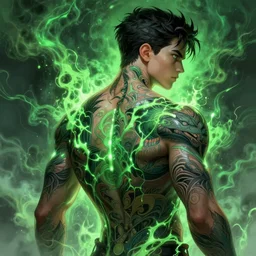 close back portrait of super hero teen fully tatoo body with acid super power and lights, green toxic clouds, emerald, upper body, comics, fantasy, intricate, elegant, highly detailed, digital painting, artstation, concept art, matte, sharp focus, illustration, art by artgerm and greg rutkowski and alphonse mucha