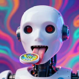 a colorful vibrant closeup portrait of a robot licking a tab of lsd acid on his tongue and dreaming psychedelic hallucinations, by kawase hasui, moebius, edward hopper and james gilleard, zdzislaw beksinski, steven outram colorful flat surreal design, hd, 8 k, artstation