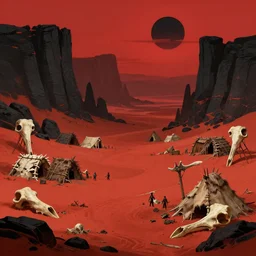 Orc Village in a red sand wasteland with black rocks and cliffs. Black sun in the sky. Red Sky. Huts and tents made of bone and hide. Large animal bones. a fantasy digital painting by Greg Rutkowski and James Gurney, trending on Artstation, highly detailed