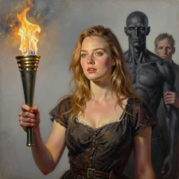 realistic oil painting of carice van houten holding a torch, detailed, by rembrandt van rijn, lisa frank, hr giger, beksinski, anato finnstark!!, 8 k resolution, beautiful lighting, studio light, extremely detailed, establishing shot, realistic materials, hyperrealistic