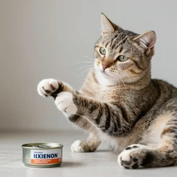 the laziest cat in the world can't even lift a paw towards the tin of tuna next to him.