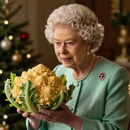 Queen Elizabeth admiring traditional christmas cauliflower