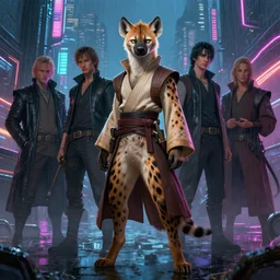 beautiful full-body portrait commission of a [female furry anthro!!! spotted hyena fursona] [wearing jedi robes] [in a cyberpunk city at night in the rain]. Neon light. Atmospheric. Renowned character illustration by greg rutkowski, thomas kindkade, alphonse mucha, loish, norman rockwell. detailed, dungeons and dragons character art