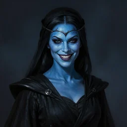 portrait of a woman by greg rutkowski, blue skin, pretty, she wears a band on her forehead, evil energy, wearing black robes, twisted smile, star wars expanded universe, he is about 3 0 years old, highly detailed portrait, digital painting, artstation, concept art, smooth, sharp foccus ilustration, artstation hq