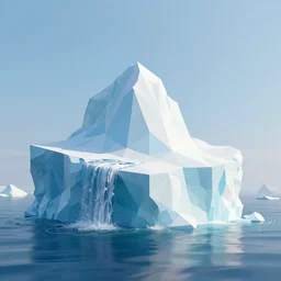low poly art of an side view of an iceberg half in the water being printed in color, low poly, 3 d render, waterfall, high detail, artstation, concept art, behance, ray tracing, smooth, sharp focus, ethereal lighting