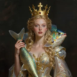 fish queen, fish with a crown on its head, fantasy concept art by andreas rocha, detailed