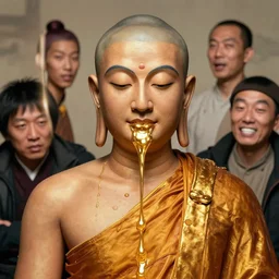 buddhist monk potrait with liquid gold coming out of in his mounth by stanley kubrick and tooth wu and wlop and beeple