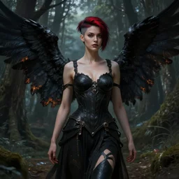 a beautiful cinematic sexy female seraphim warrior, black wings slightly burnt, fantasy forest landscape, fantasy magic, undercut hairstyle, short red black fade hair, dark light night, intricate, elegant, sharp focus, illustration, highly detailed, digital painting, concept art, matte, art by WLOP and Artgerm and Greg Rutkowski and Alphonse Mucha, masterpiece